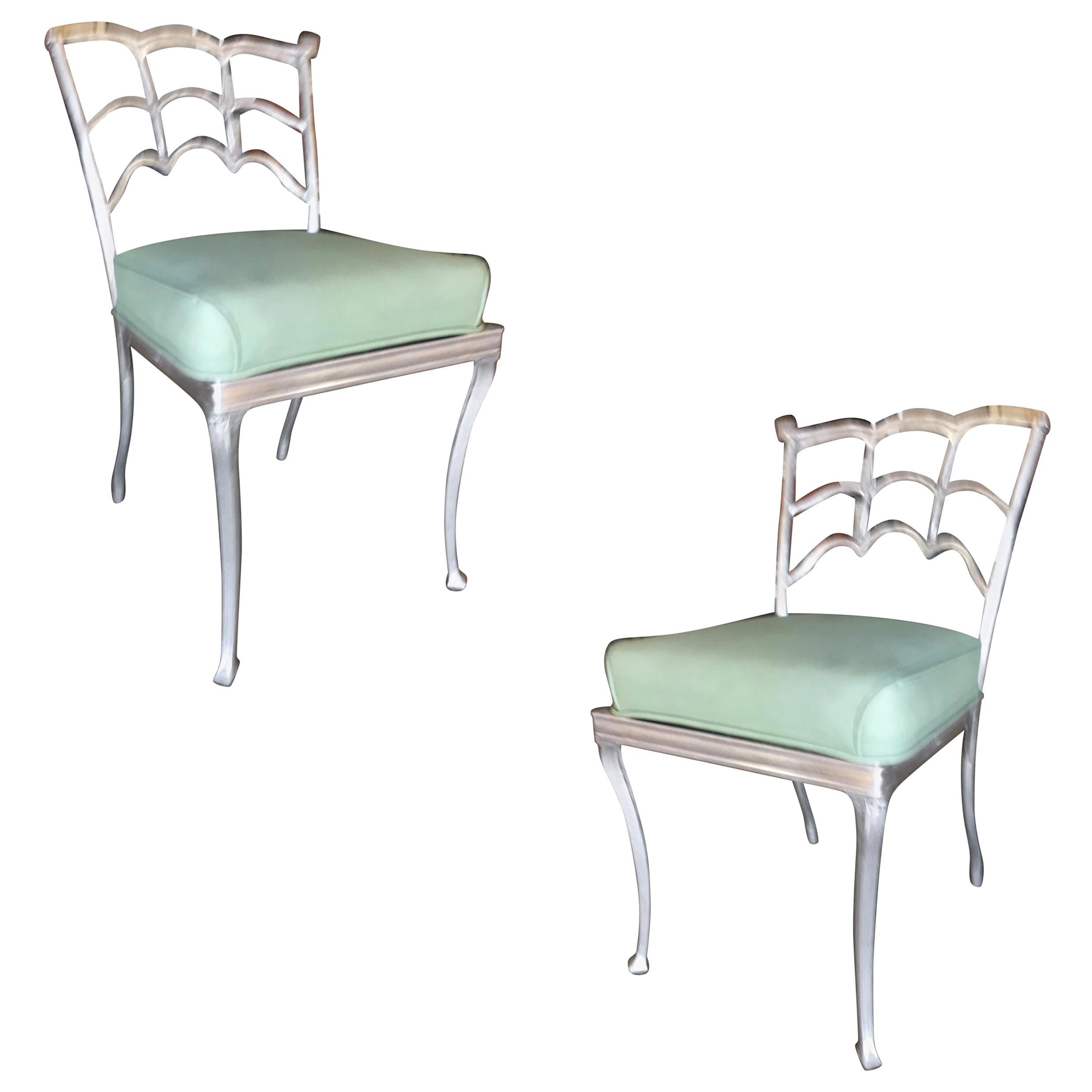 Art Deco Silver Tone Casted Aluminum Spiderweb Side Chair, Pair For Sale