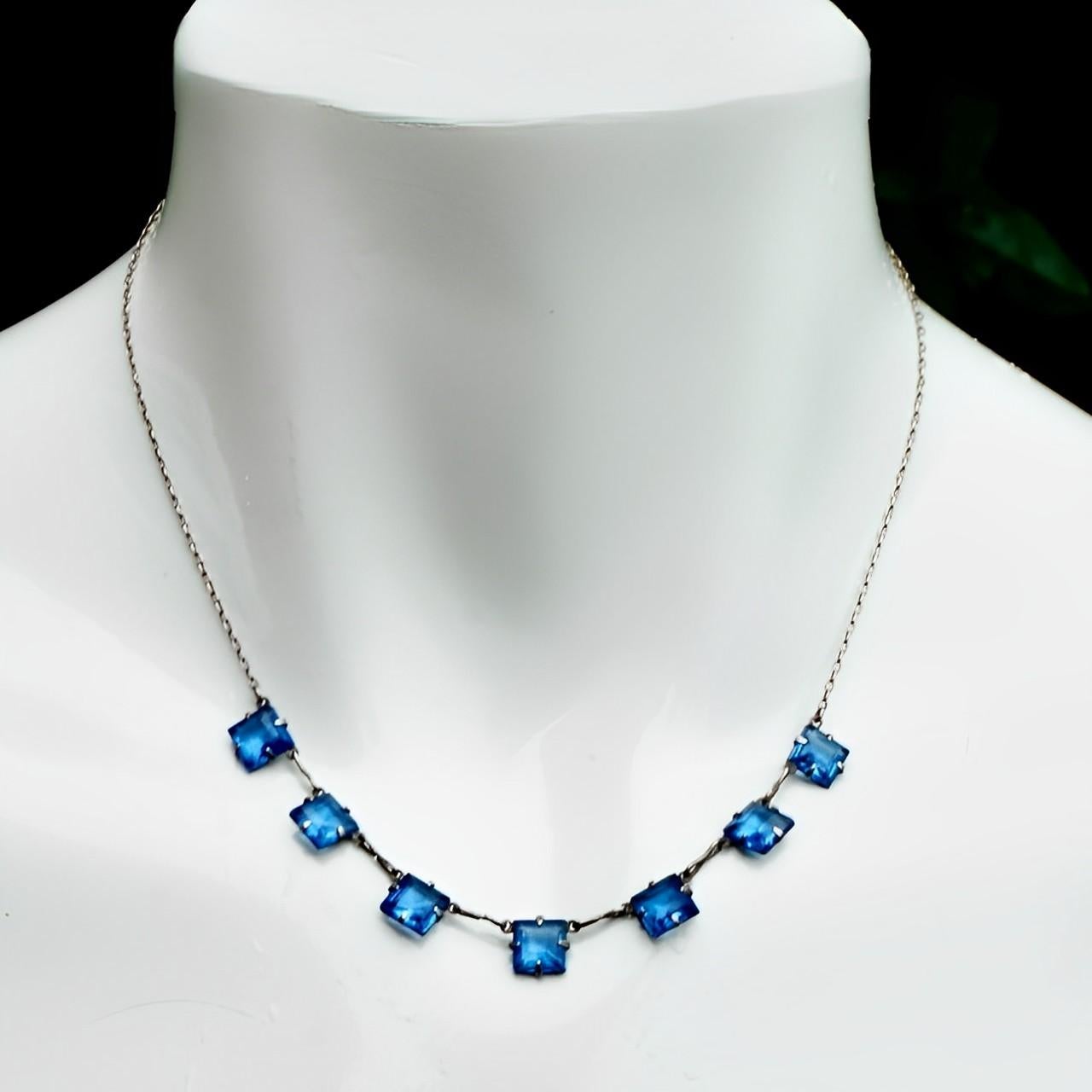 Women's or Men's Art Deco Silver Tone Chain Necklace with Square Azure Blue Glass Crystals For Sale