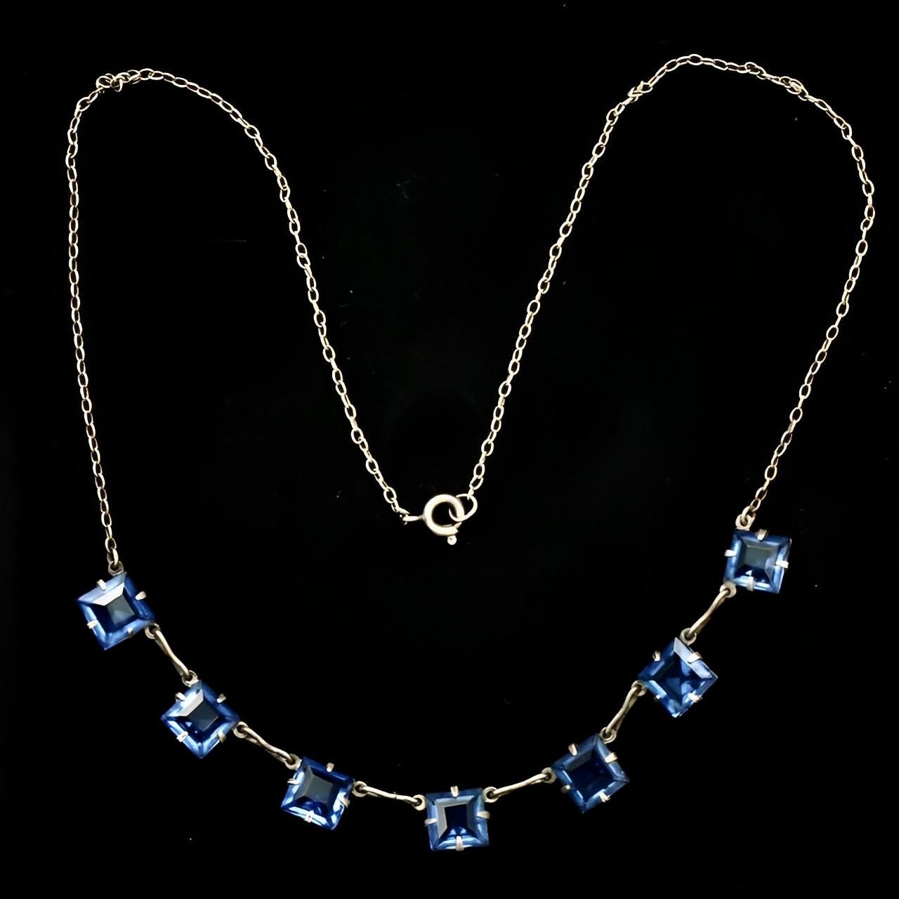 Art Deco Silver Tone Chain Necklace with Square Azure Blue Glass Crystals For Sale 2