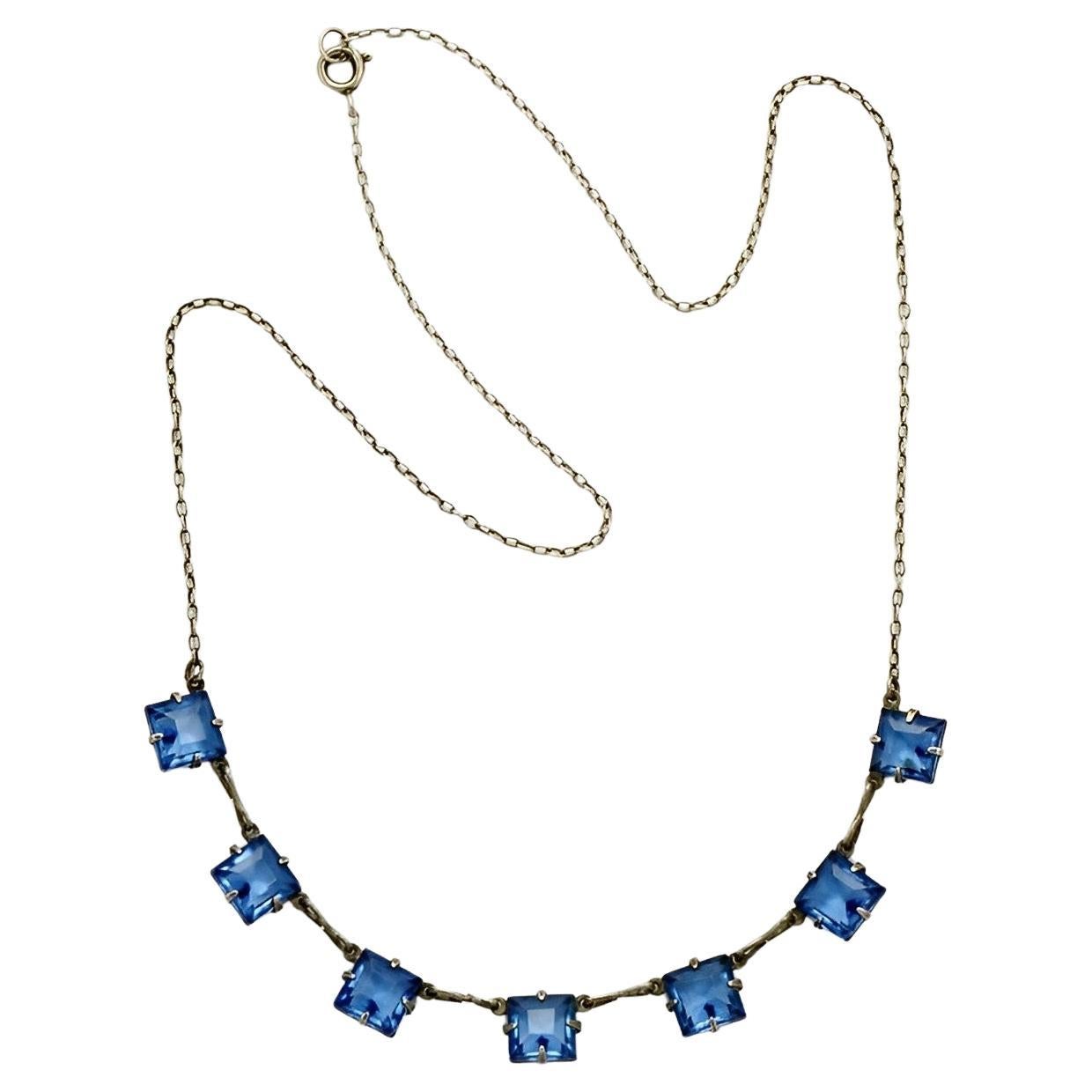 Art Deco Silver Tone Chain Necklace with Square Azure Blue Glass Crystals For Sale