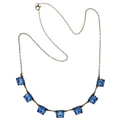 Art Deco Silver Tone Chain Necklace with Square Azure Blue Glass Crystals