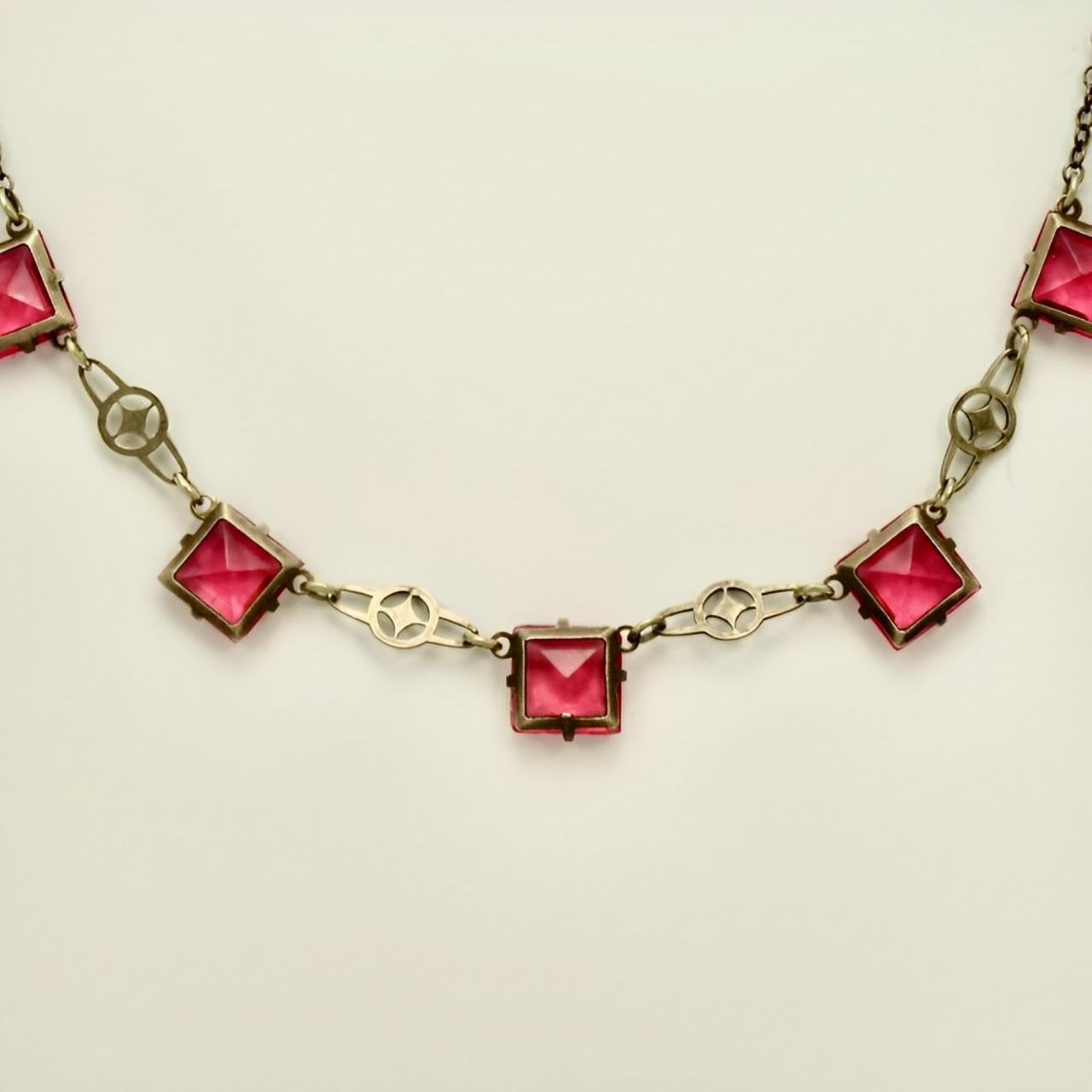 Art Deco Silver Tone Chain Necklace with Square Rouge Pink Glass Crystals For Sale 1