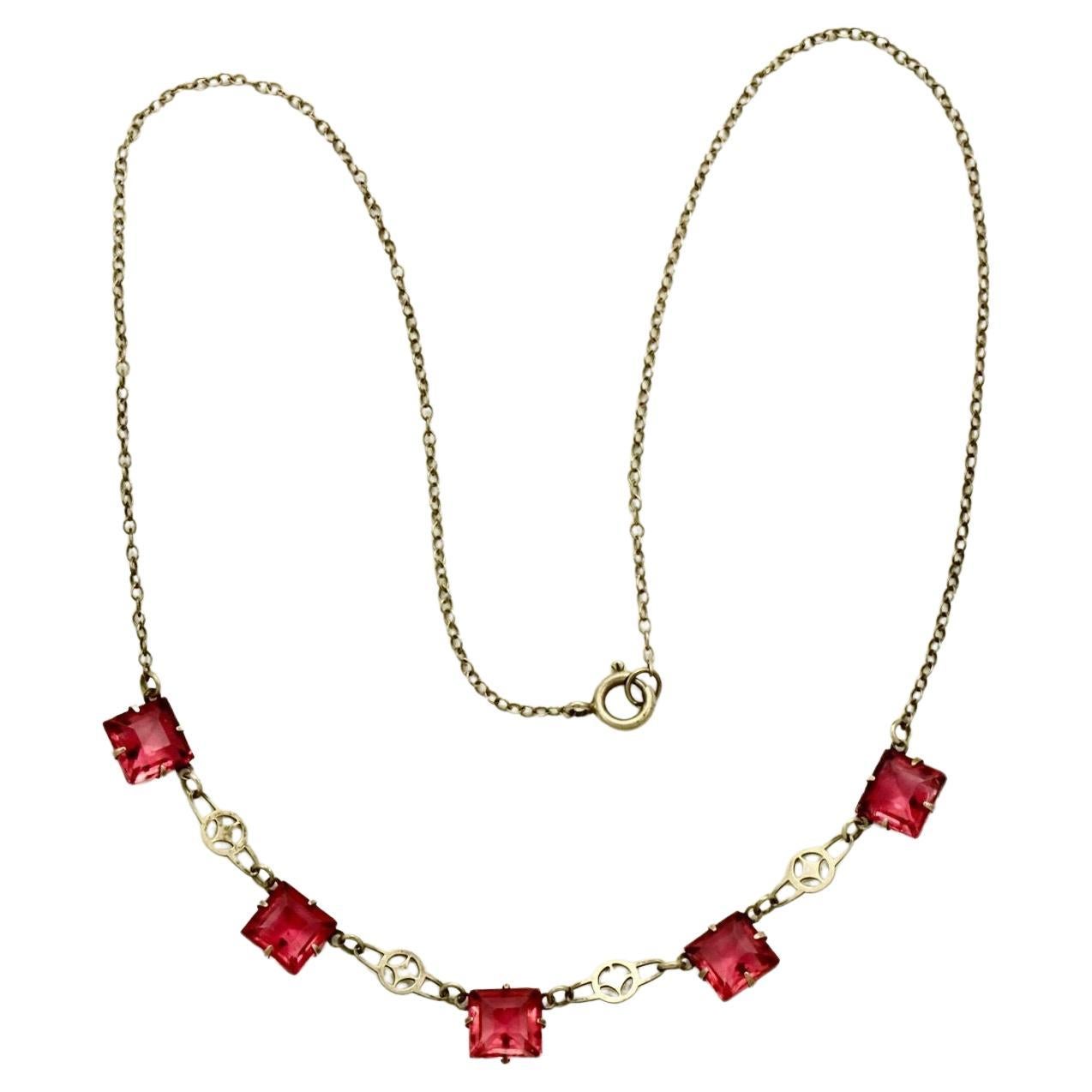 Art Deco Silver Tone Chain Necklace with Square Rouge Pink Glass Crystals