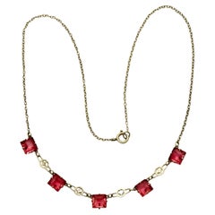 Art Deco Silver Tone Chain Necklace with Square Rouge Pink Glass Crystals