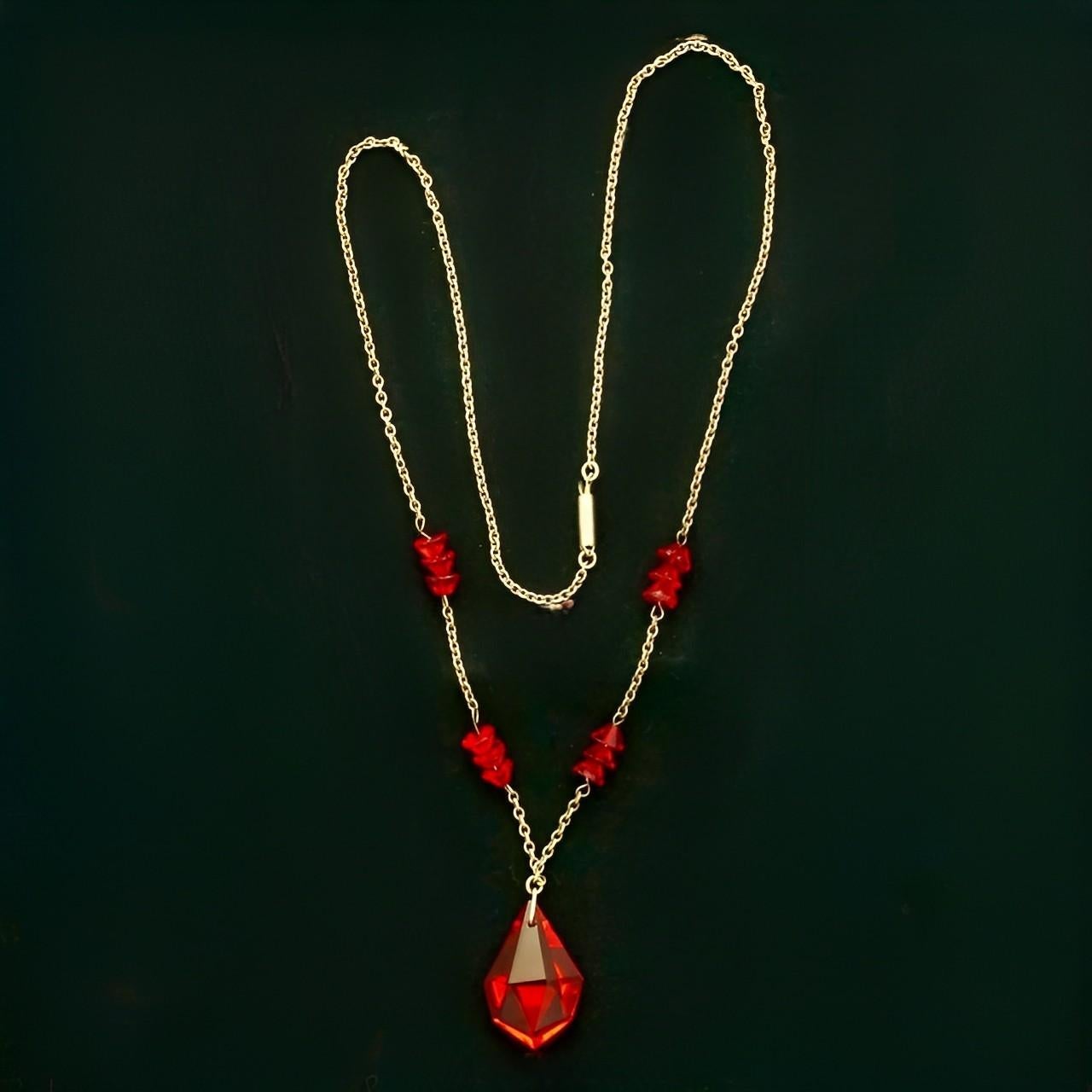 Art Deco Silver Tone Drop Pendant Necklace with Red Glass Crystals For Sale 1