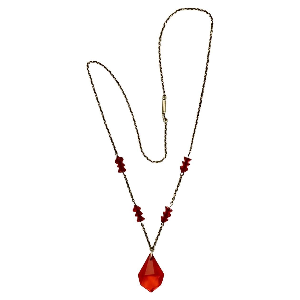 Art Deco Silver Tone Drop Pendant Necklace with Red Glass Crystals For Sale