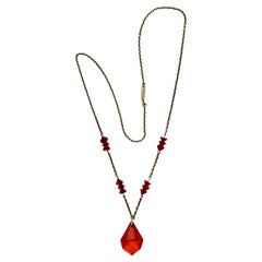 Art Deco Silver Tone Drop Pendant Necklace with Red Glass Crystals