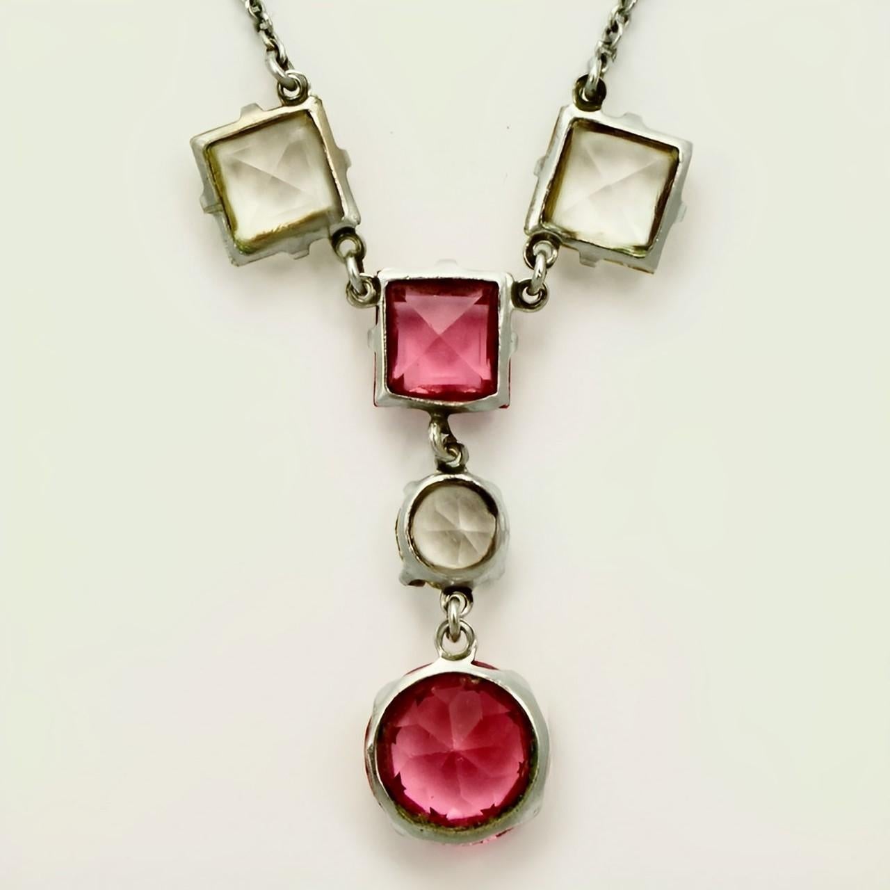 Women's or Men's Art Deco Silver Tone Drop Pendant Necklace with Rouge Pink Clear Glass Crystals For Sale
