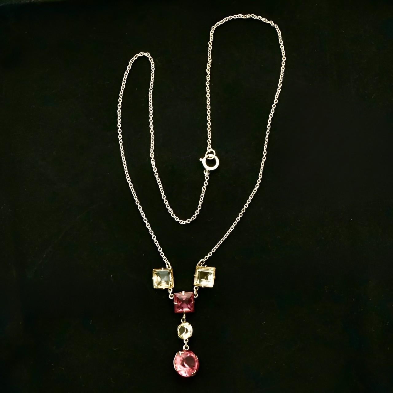 Art Deco Silver Tone Drop Pendant Necklace with Rouge Pink Clear Glass Crystals For Sale 1