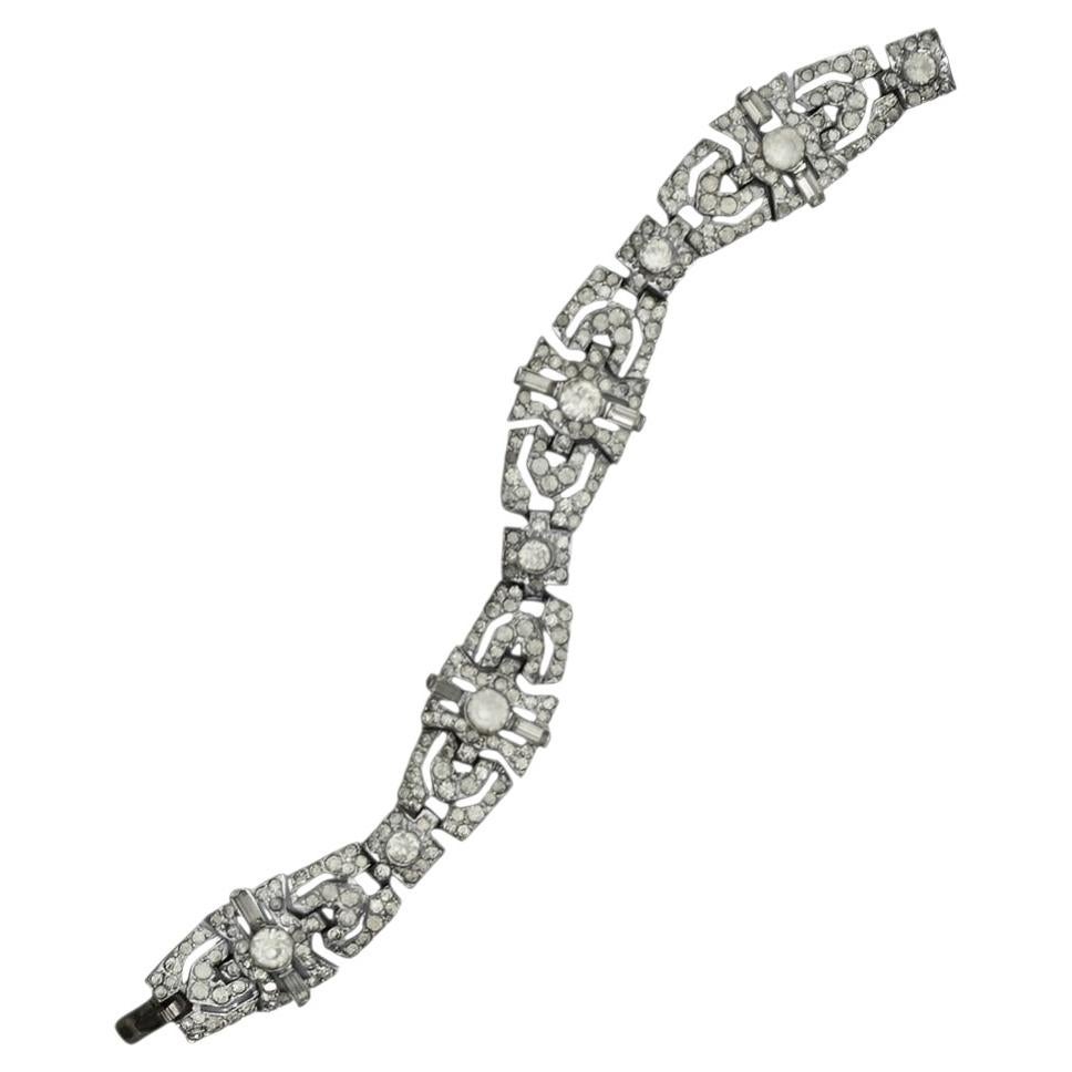 Art Deco Silver Tone Link Bracelet set with Baguette and Round Rhinestones