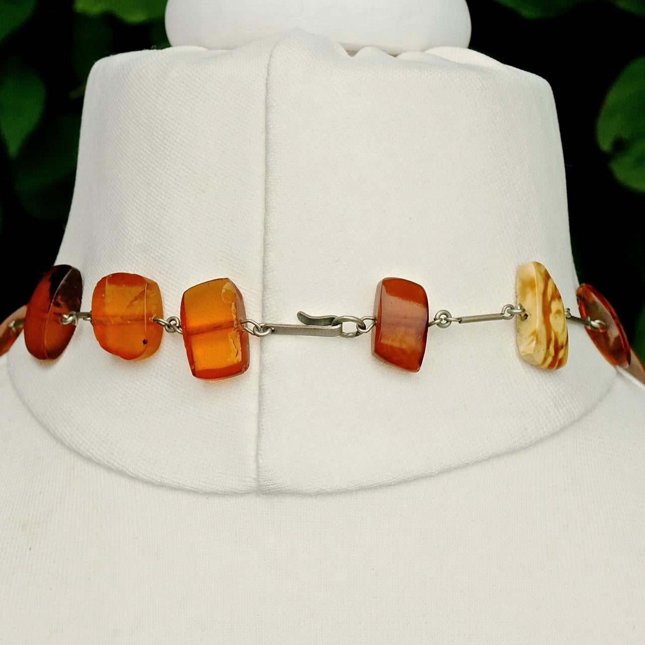 Silver Tone Link Double Strand Polished Amber Bead Large Drop Handmade Necklace For Sale 2