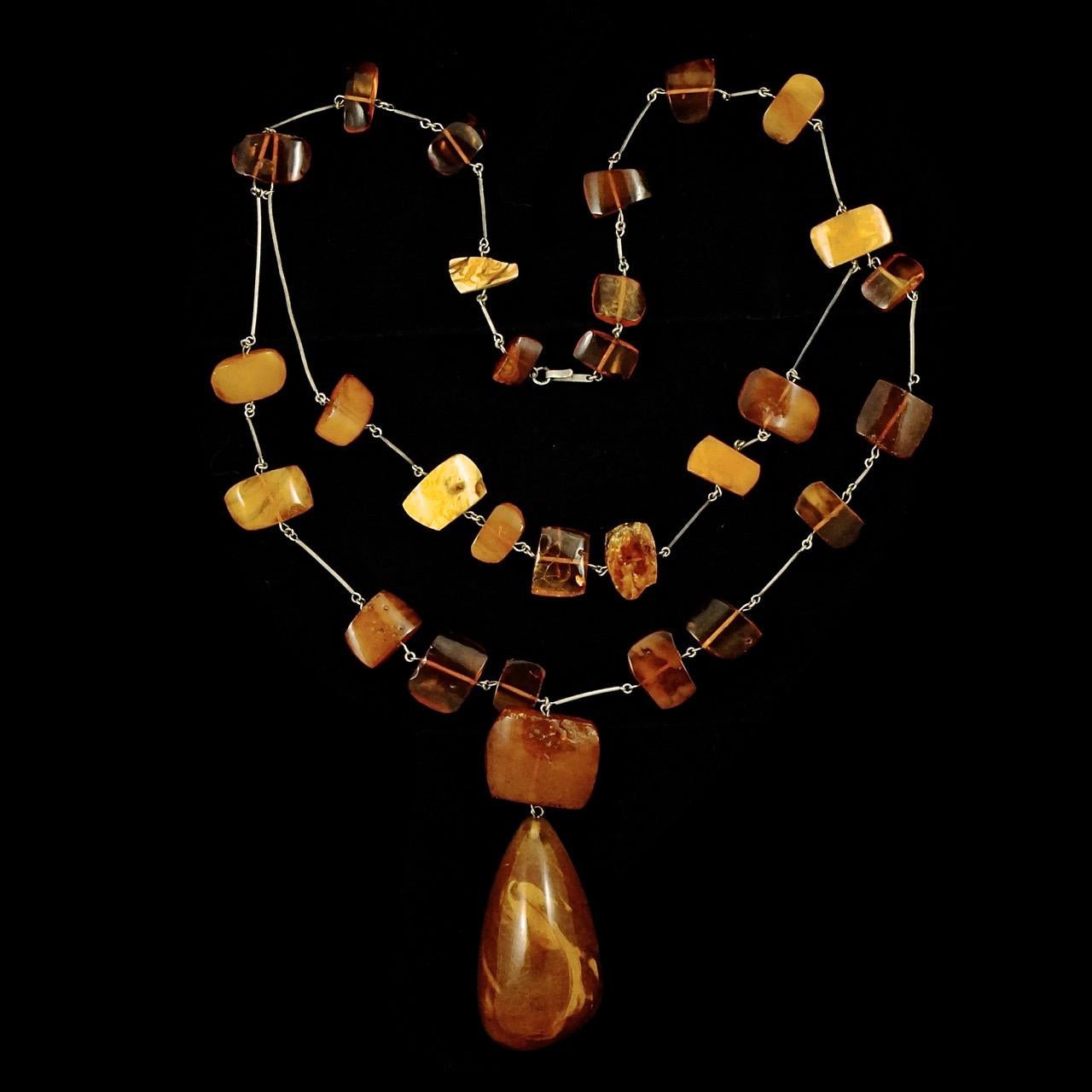 Silver Tone Link Double Strand Polished Amber Bead Large Drop Handmade Necklace For Sale 3
