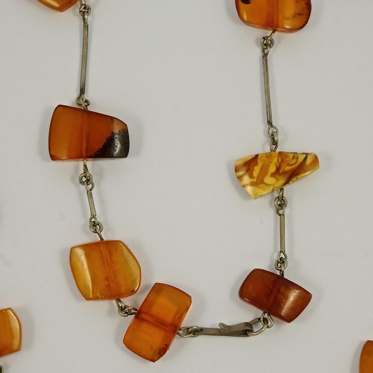 Mixed Cut Silver Tone Link Double Strand Polished Amber Bead Large Drop Handmade Necklace For Sale