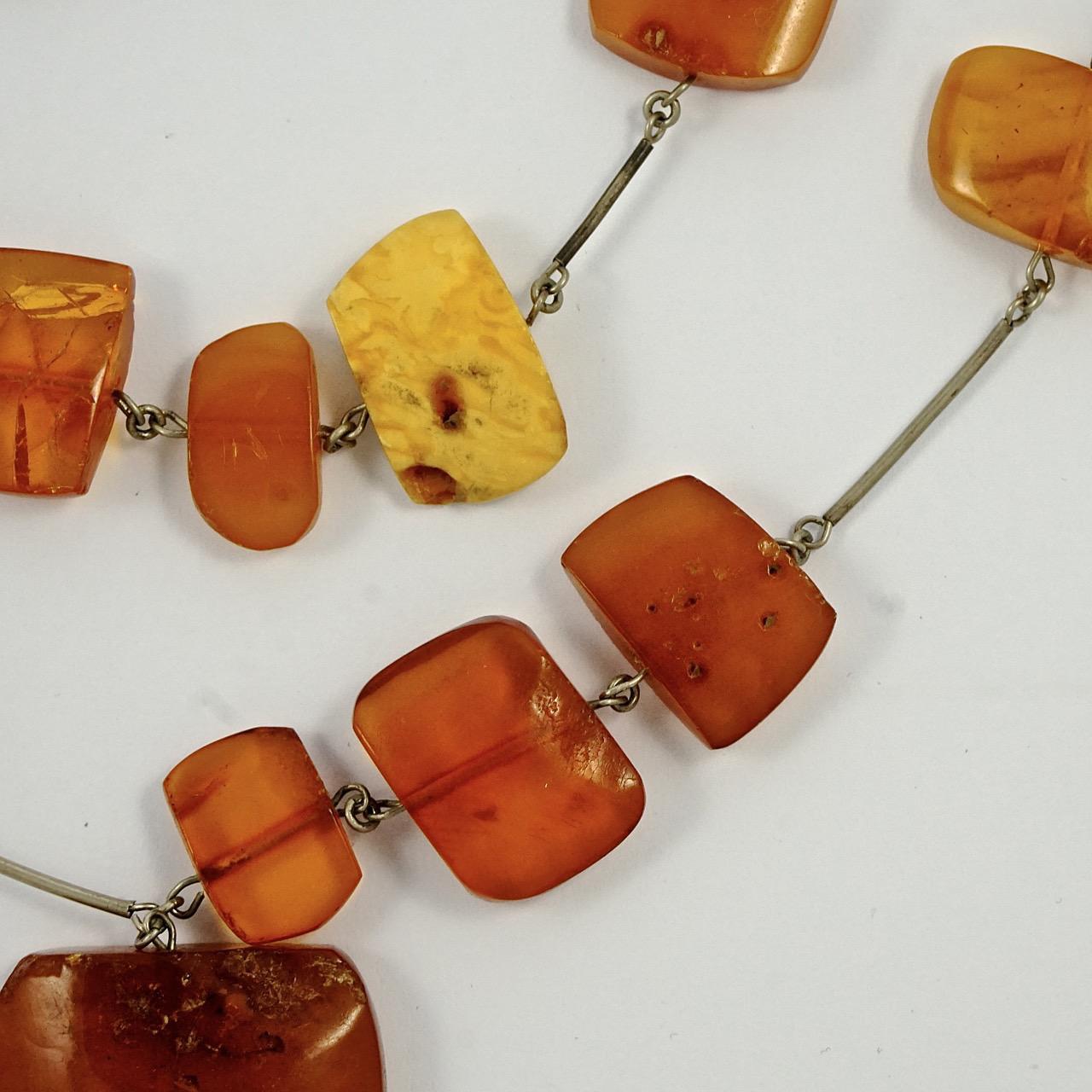Silver Tone Link Double Strand Polished Amber Bead Large Drop Handmade Necklace In Good Condition For Sale In London, GB