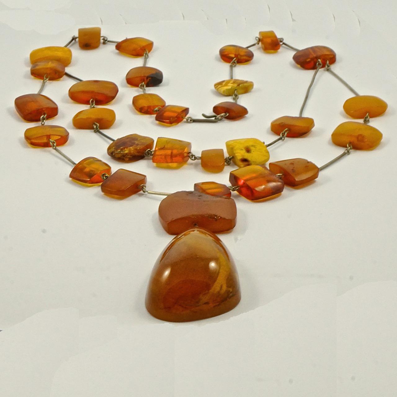 Women's or Men's Silver Tone Link Double Strand Polished Amber Bead Large Drop Handmade Necklace For Sale