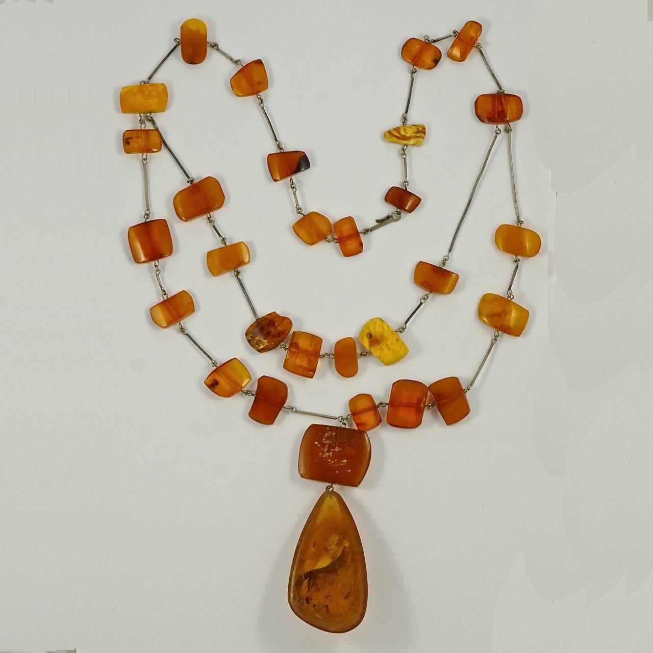 Silver Tone Link Double Strand Polished Amber Bead Large Drop Handmade Necklace For Sale 1