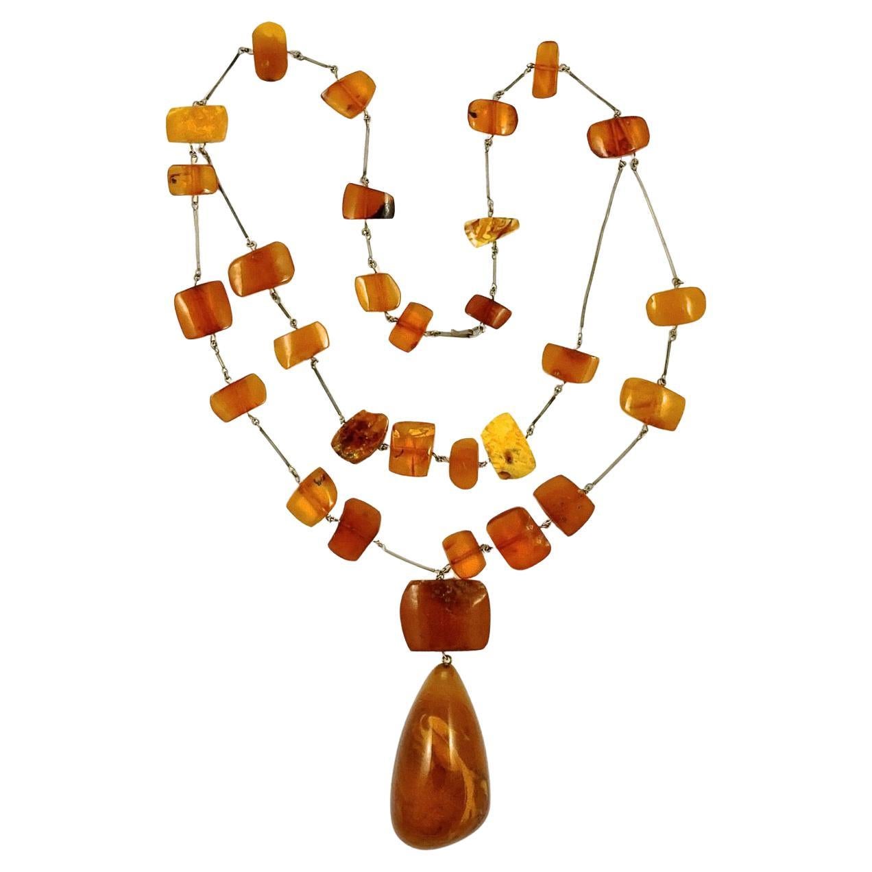 Silver Tone Link Double Strand Polished Amber Bead Large Drop Handmade Necklace For Sale