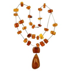Used Silver Tone Link Double Strand Polished Amber Bead Large Drop Handmade Necklace
