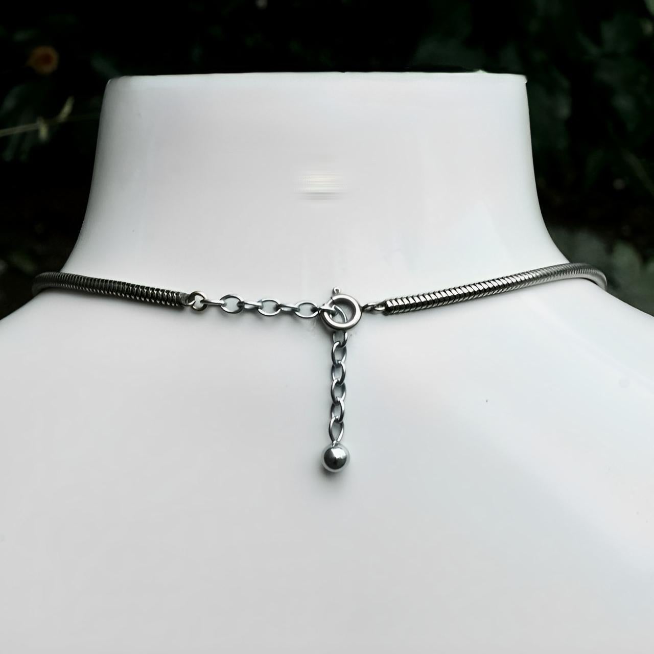 Women's or Men's Art Deco Silver Tone Mother of Pearl and Rhinestone Necklace circa 1930s For Sale