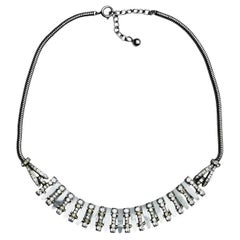 Art Deco Silver Tone Mother of Pearl and Rhinestone Necklace circa 1930s
