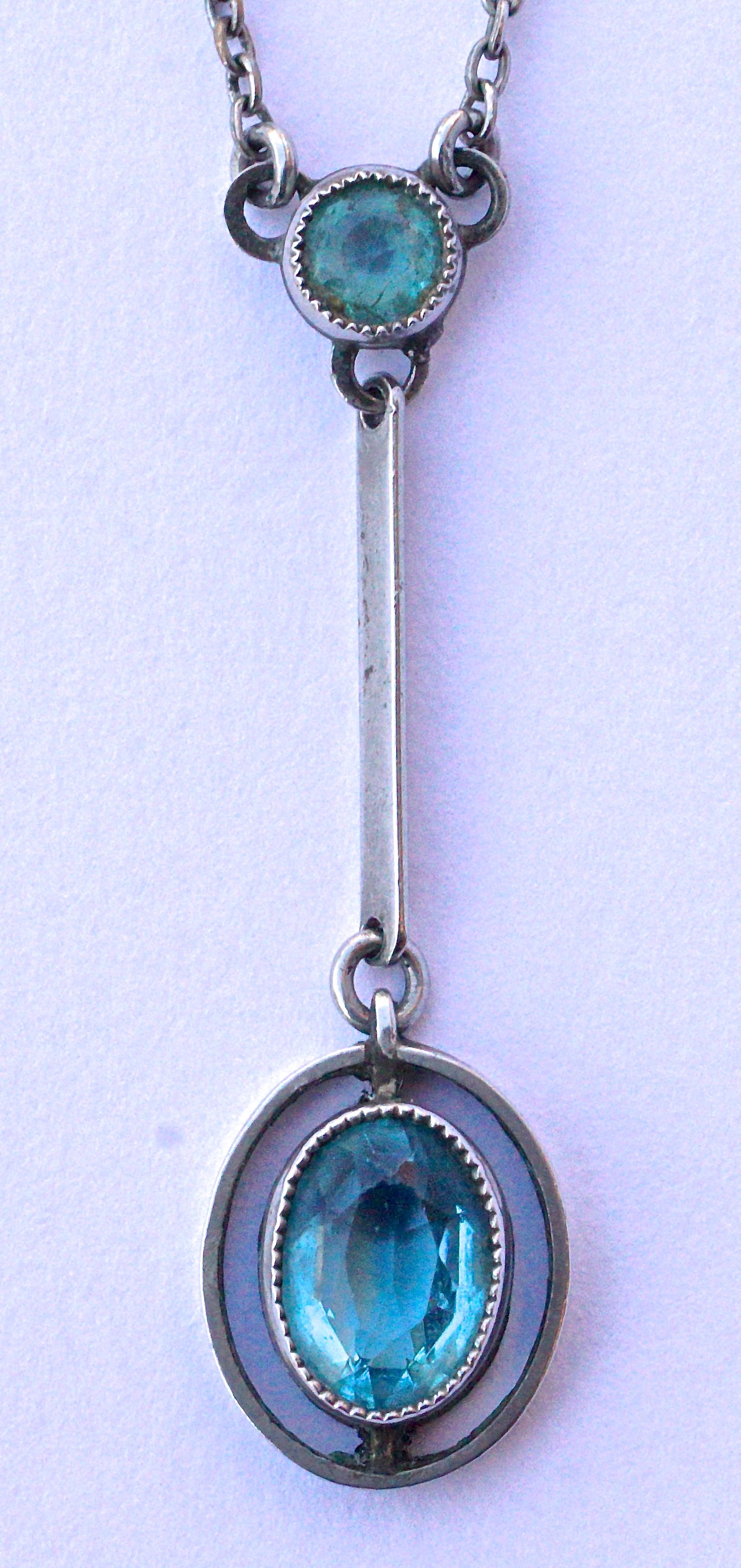 Art Deco Silver Tone Open Back Bezel Set  Blue Drop Pendant Necklace 1