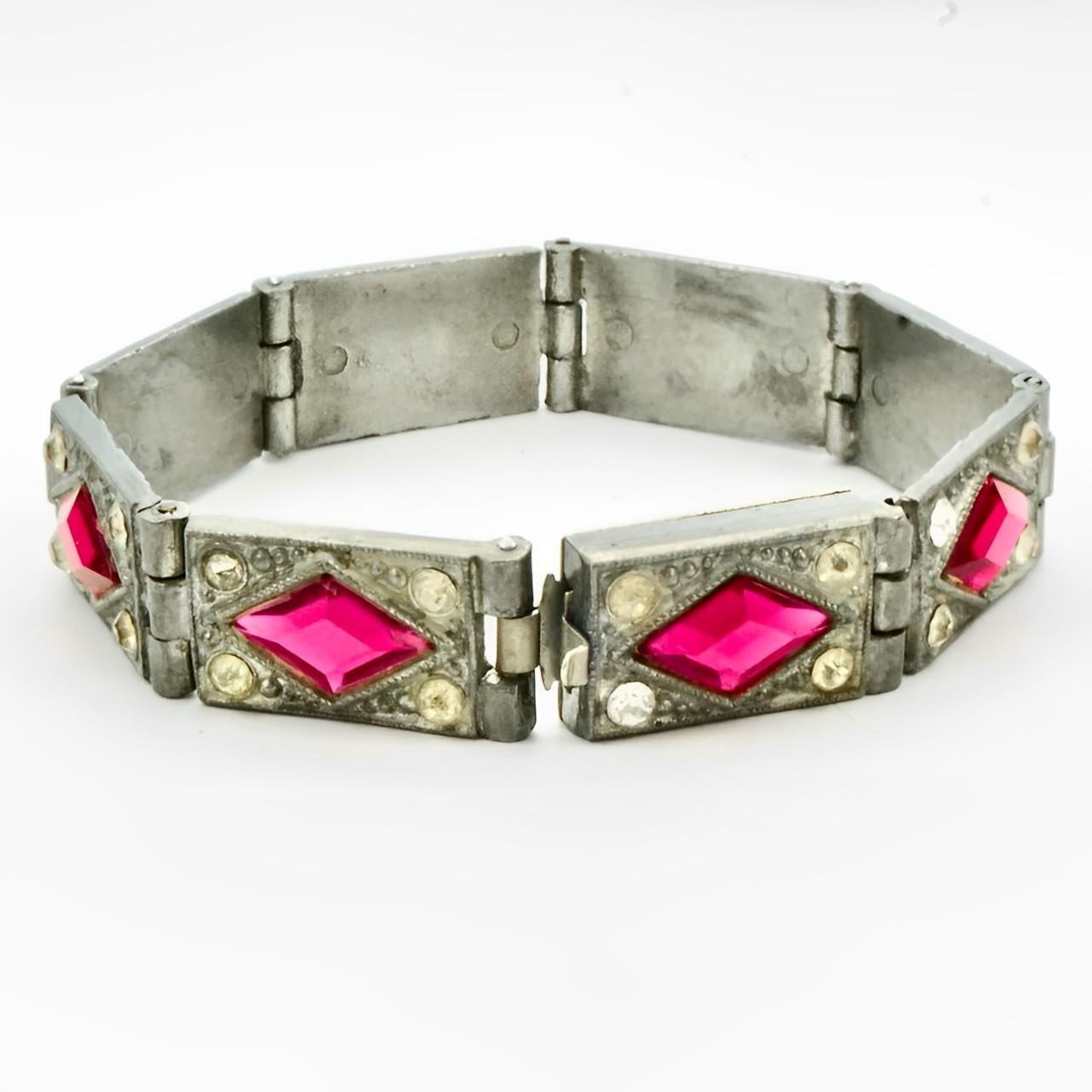 Women's or Men's Art Deco Silver Tone Pink and Clear Rhinestone Ornate Link Bracelet circa 1930s