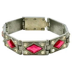Art Deco Silver Tone Pink and Clear Rhinestone Ornate Link Bracelet circa 1930s