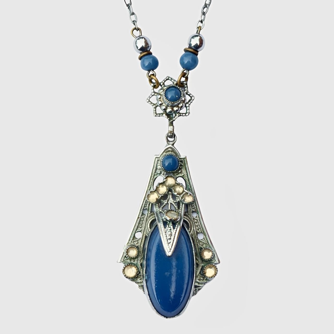 Art Deco Silber Ton Strass Blau Glas Halskette mit Tropfen Anhänger für Damen oder Herren im Angebot