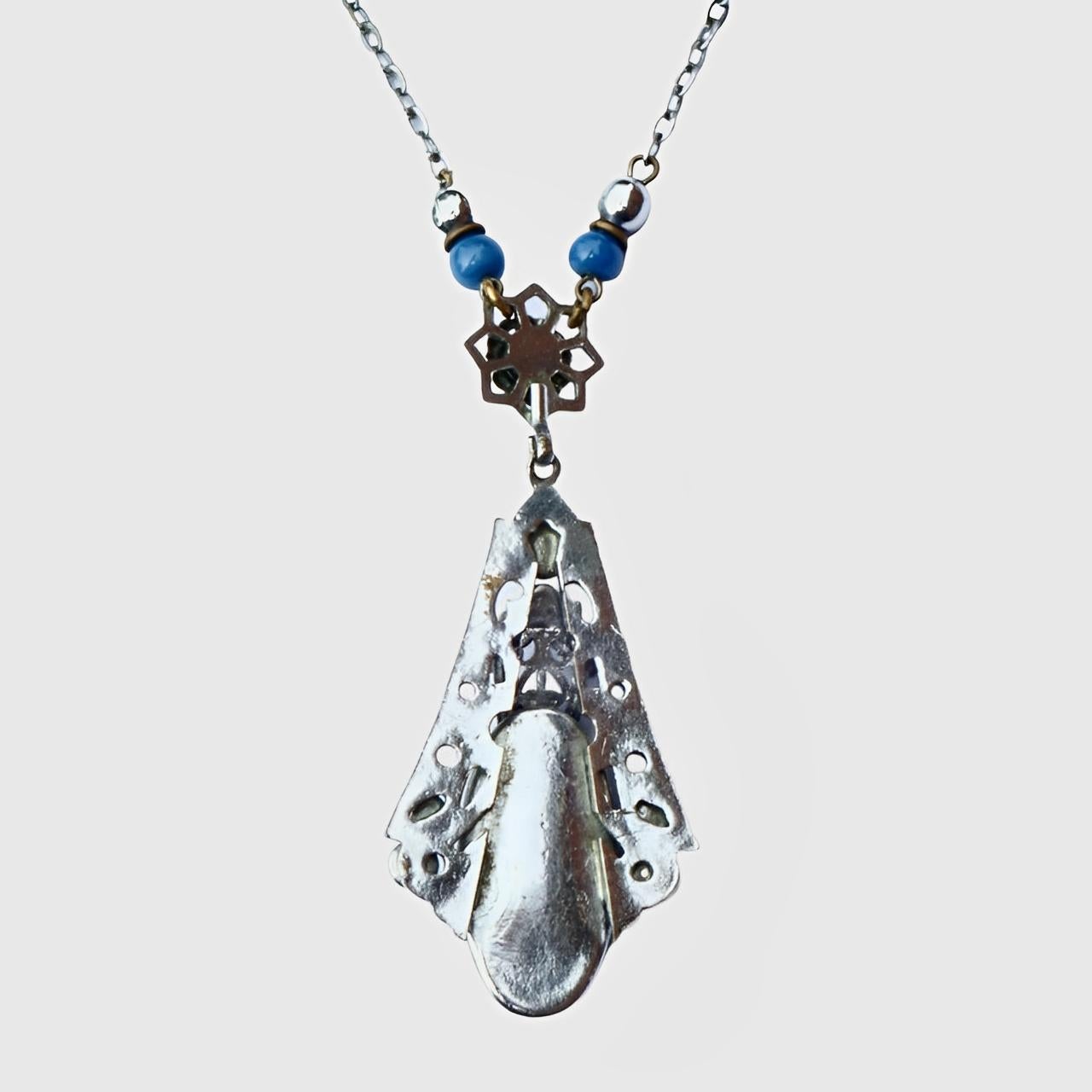Art Deco Silber Ton Strass Blau Glas Halskette mit Tropfen Anhänger im Angebot 1