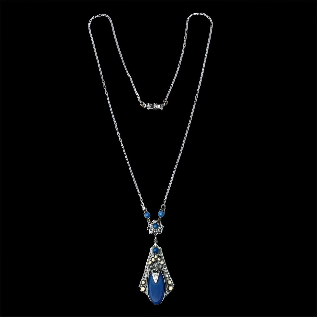 Art Deco Silber Ton Strass Blau Glas Halskette mit Tropfen Anhänger im Angebot 2