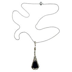 Art Deco Silver Tone Rhinestone Dark Blue Glass Necklace with Drop Pendant