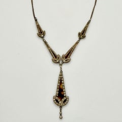 Art Deco Silver Tone Rhinestone Faux Tortoiseshell Necklace with Drop Pendant