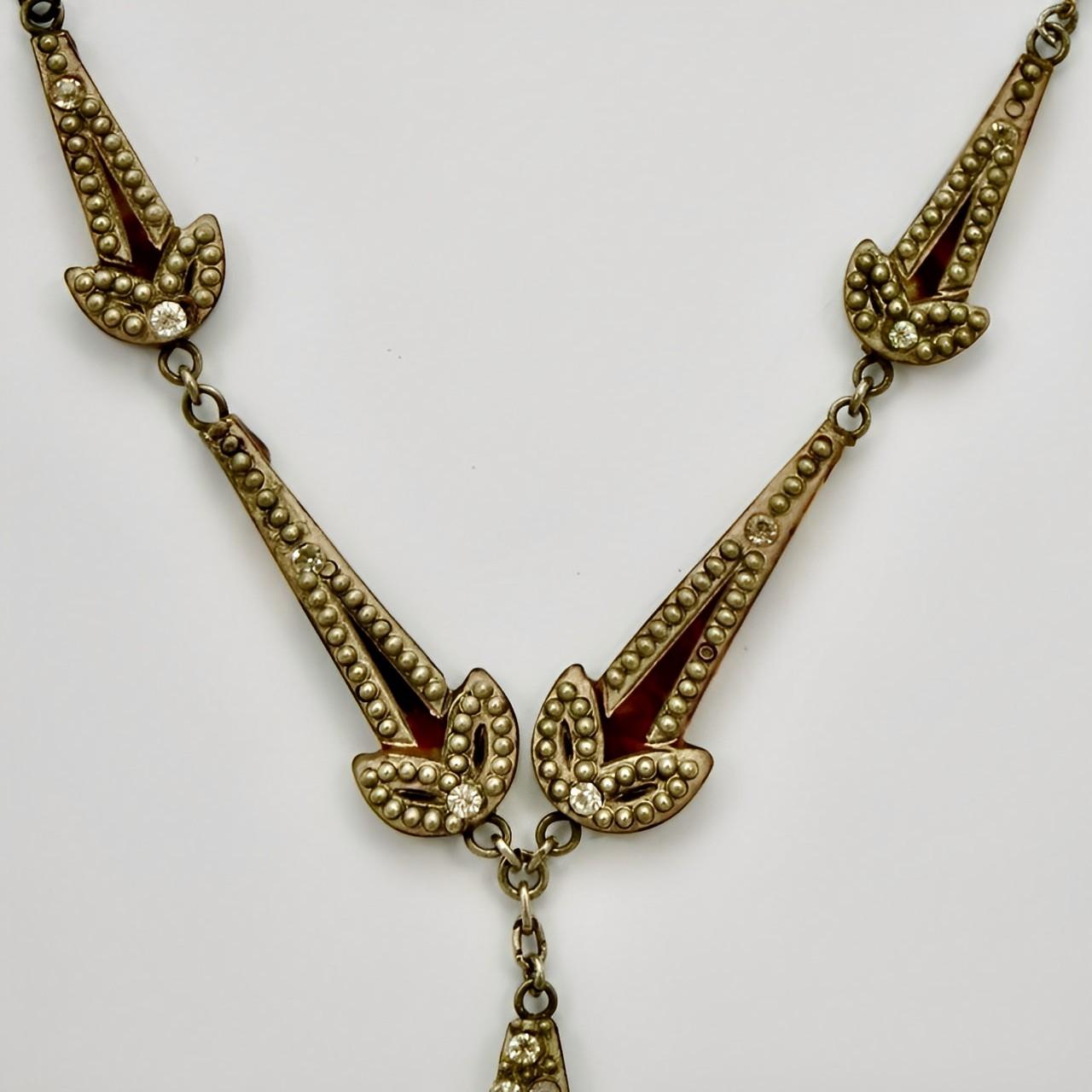 Art Deco Silver Tone Rhinestone Faux Tortoiseshell Necklace with Drop Pendant  In Good Condition For Sale In London, GB