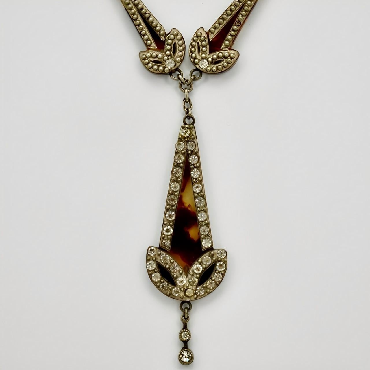Women's or Men's Art Deco Silver Tone Rhinestone Faux Tortoiseshell Necklace with Drop Pendant  For Sale