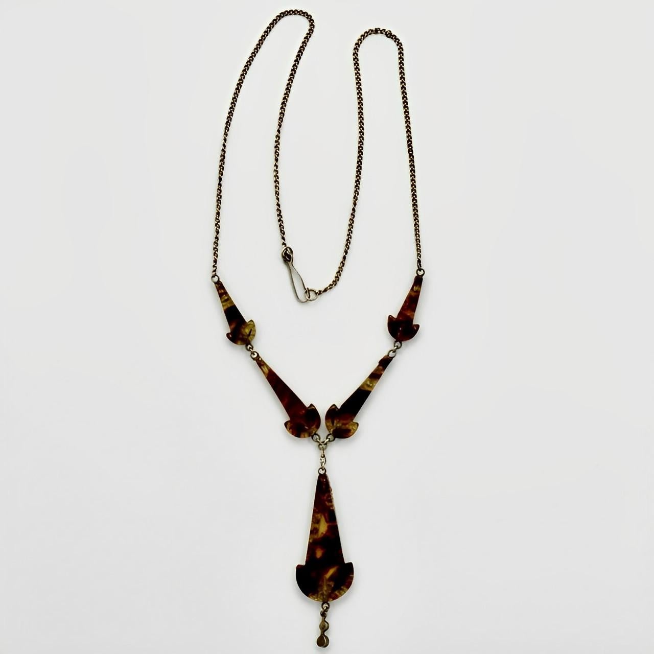 Art Deco Silver Tone Rhinestone Faux Tortoiseshell Necklace with Drop Pendant  For Sale 1