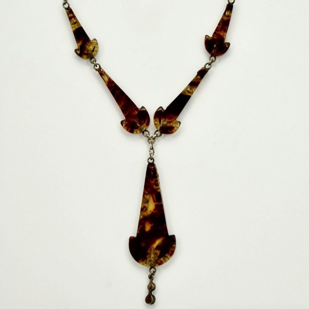 Art Deco Silver Tone Rhinestone Faux Tortoiseshell Necklace with Drop Pendant  For Sale 2