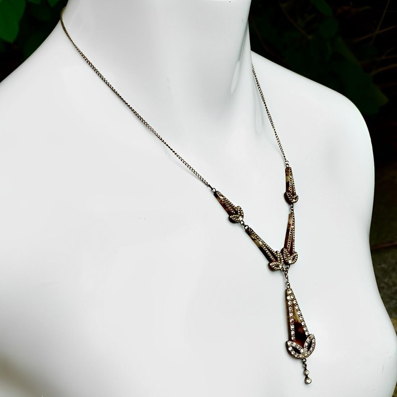 Art Deco Silver Tone Rhinestone Faux Tortoiseshell Necklace with Drop Pendant  For Sale 4