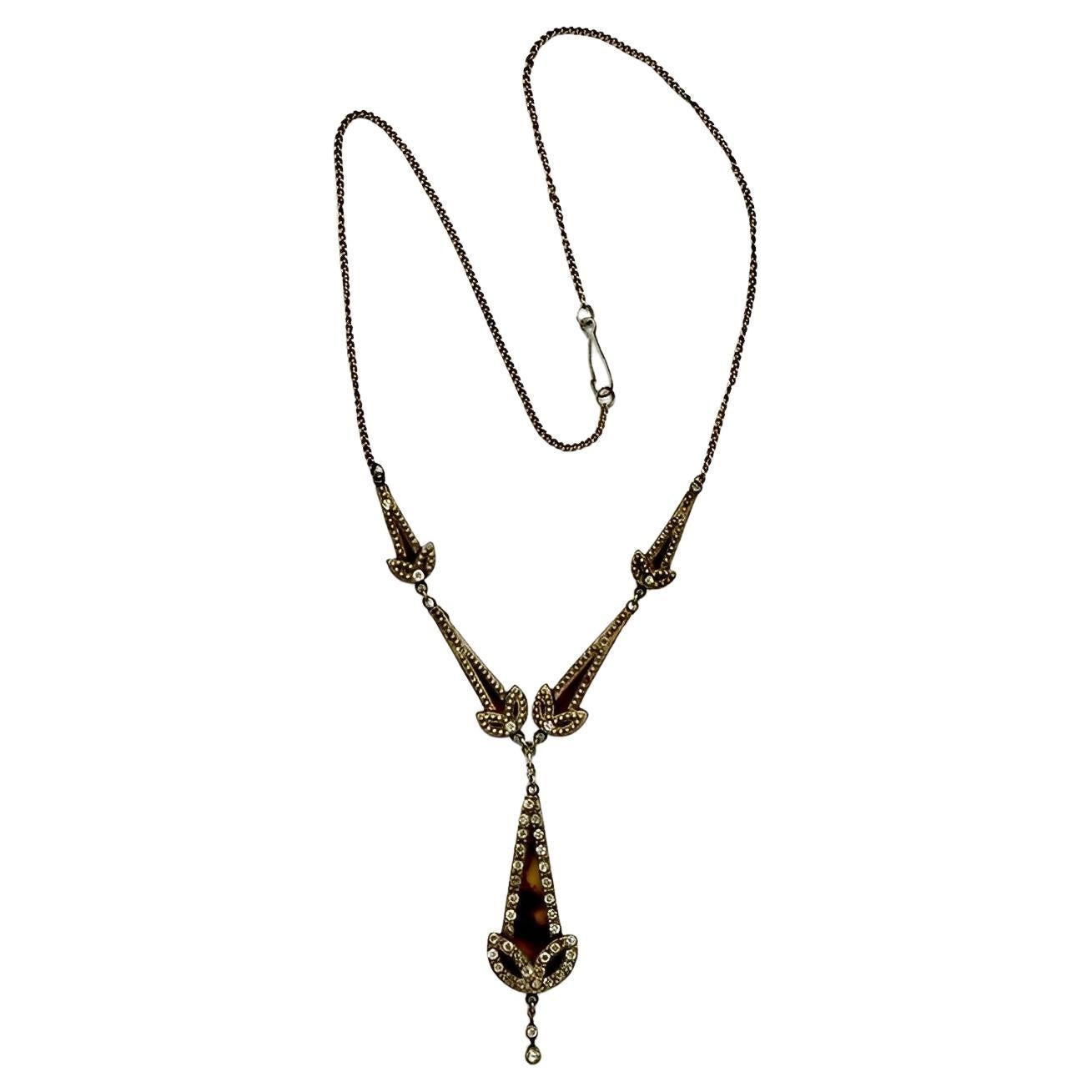 Art Deco Silver Tone Rhinestone Faux Tortoiseshell Necklace with Drop Pendant 