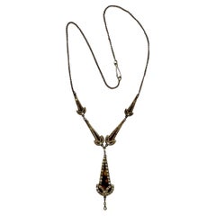 Vintage Art Deco Silver Tone Rhinestone Faux Tortoiseshell Necklace with Drop Pendant 
