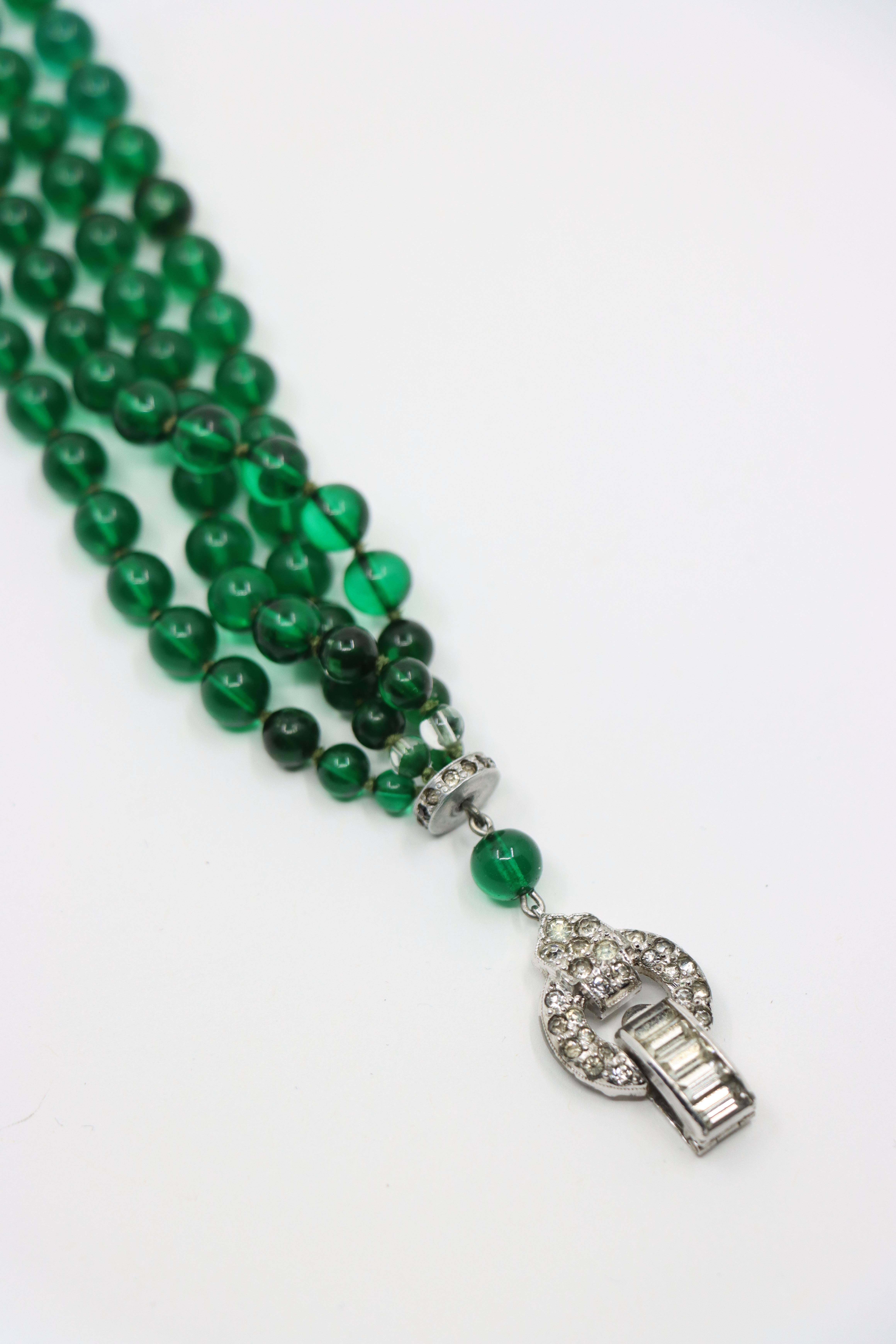 Art Deco Silver Tone Rhinestone Muti-Stand Green Beads Bracelet For Sale 6
