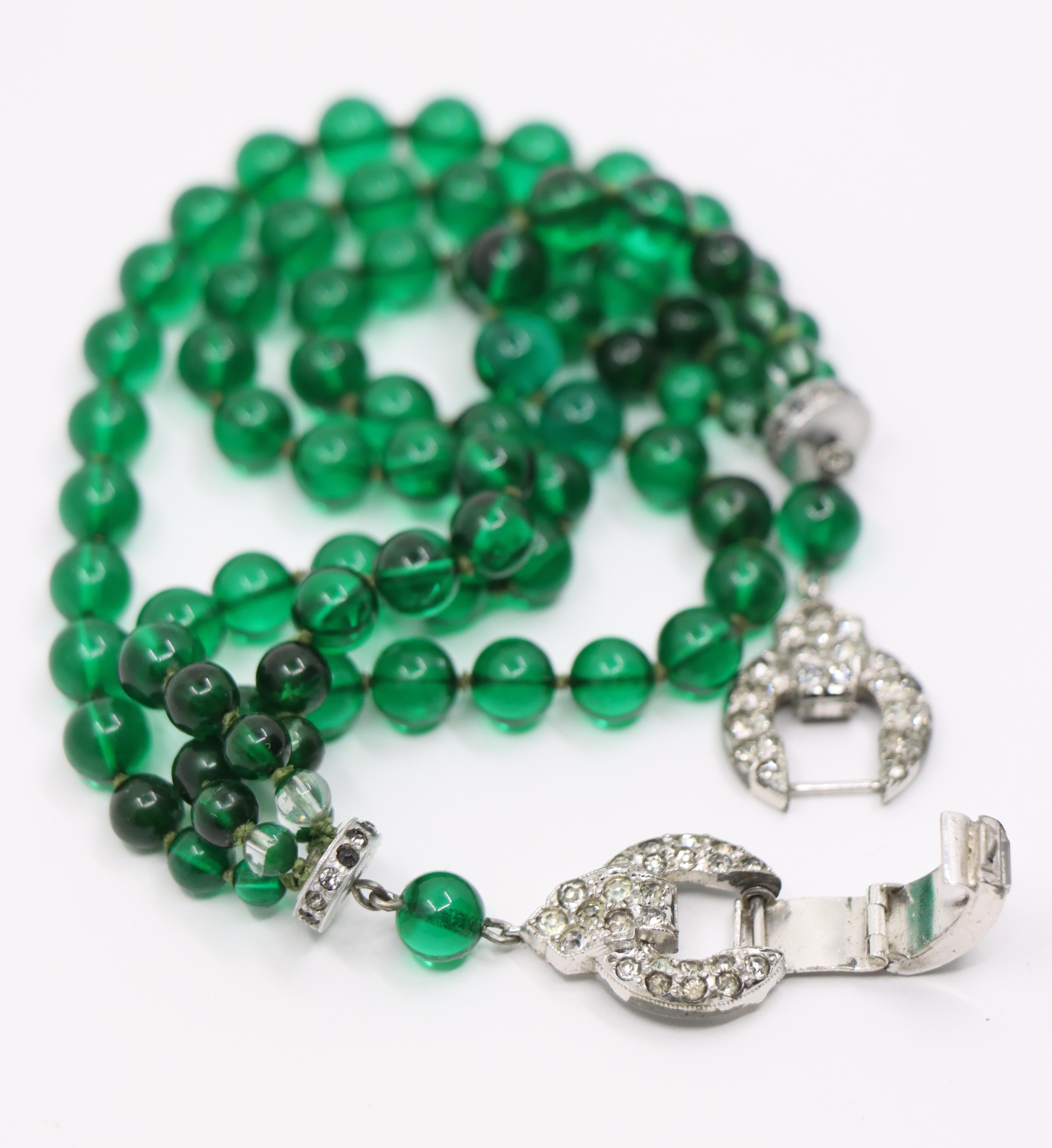 Art Deco Silver Tone Rhinestone Muti-Stand Green Beads Bracelet For Sale 7