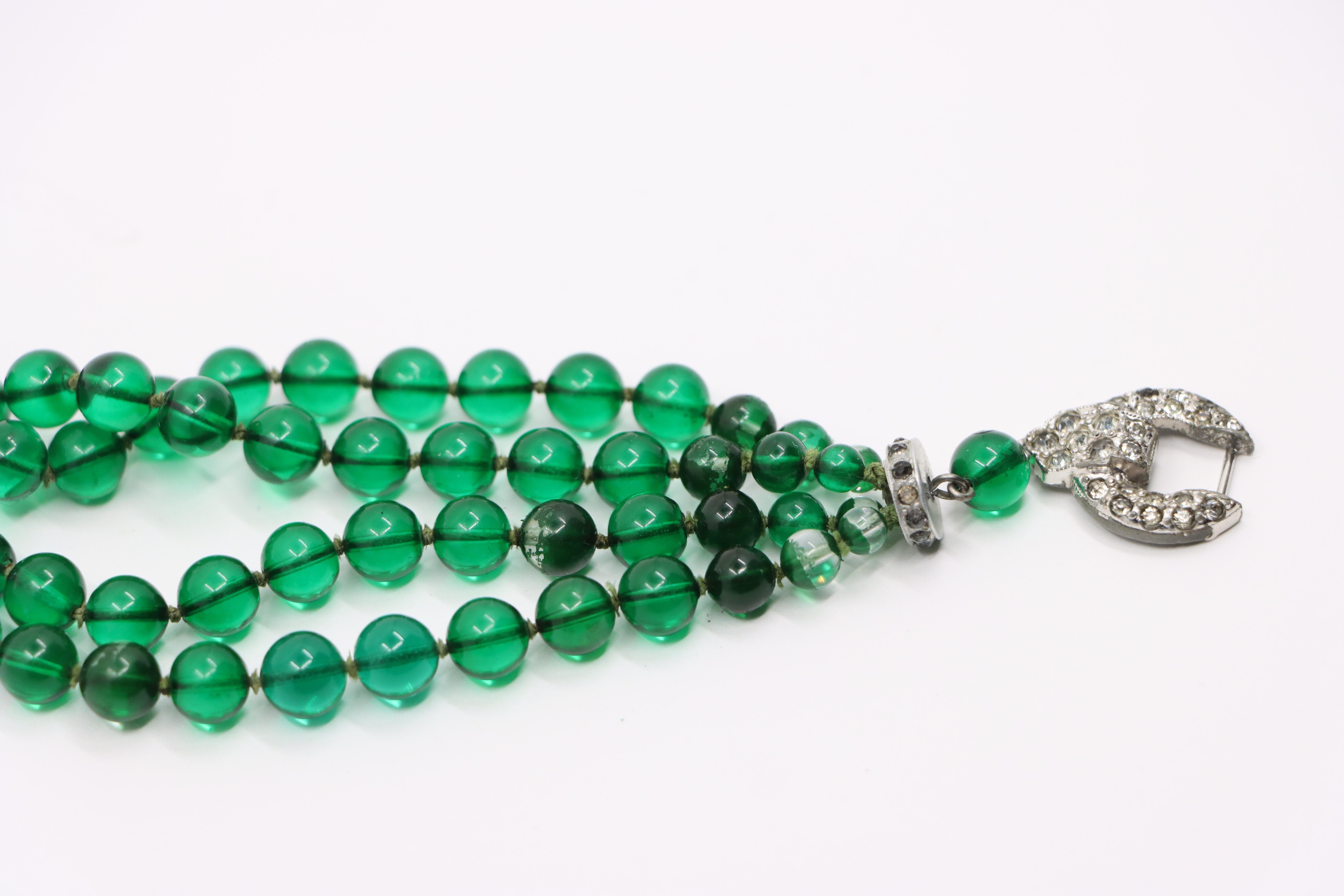 Art Deco Silver Tone Rhinestone Muti-Stand Green Beads Bracelet For Sale 8