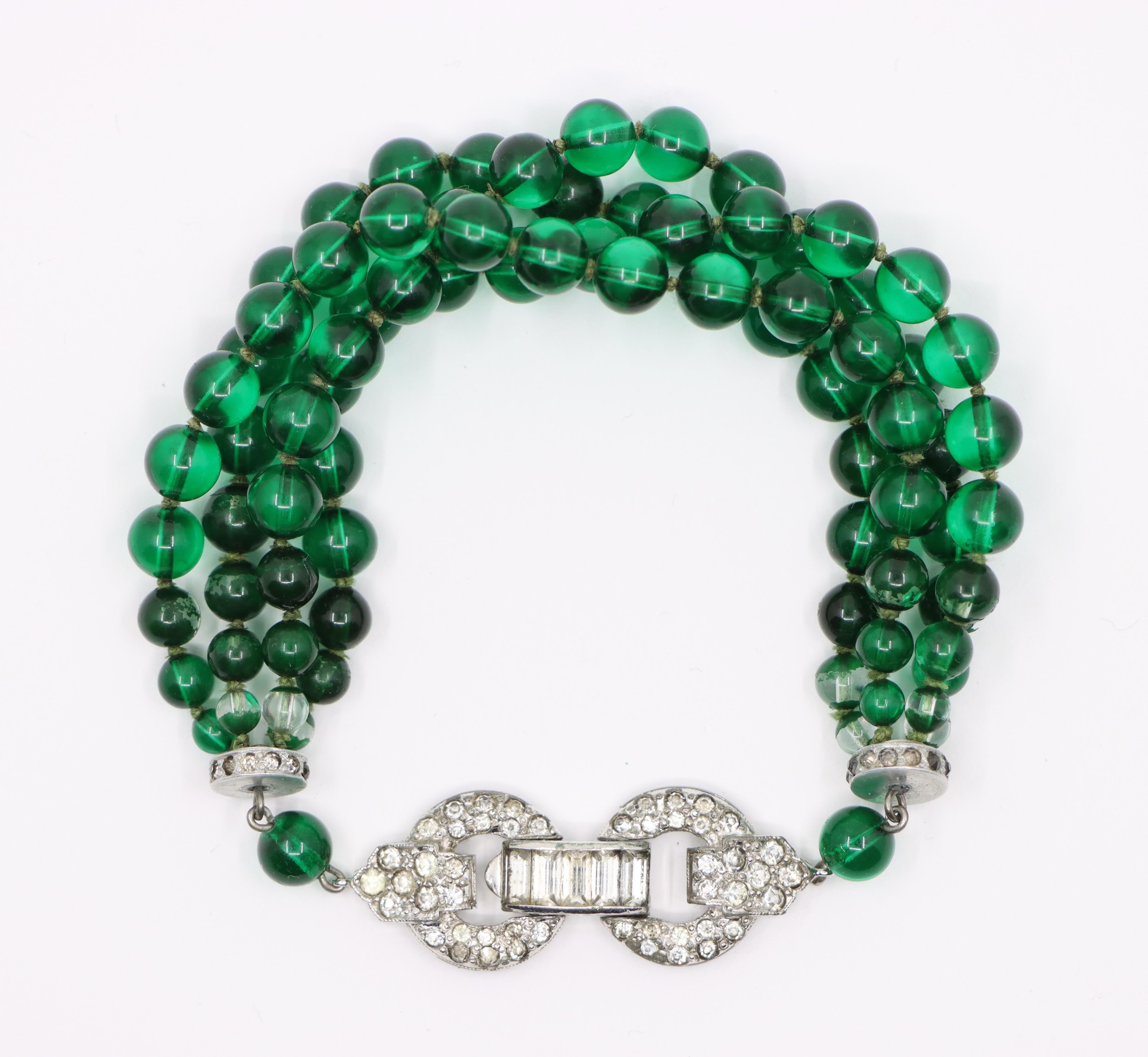 Art Deco Silver Tone Rhinestone Muti-Stand Green Beads Bracelet In Good Condition For Sale In Flushing, NY