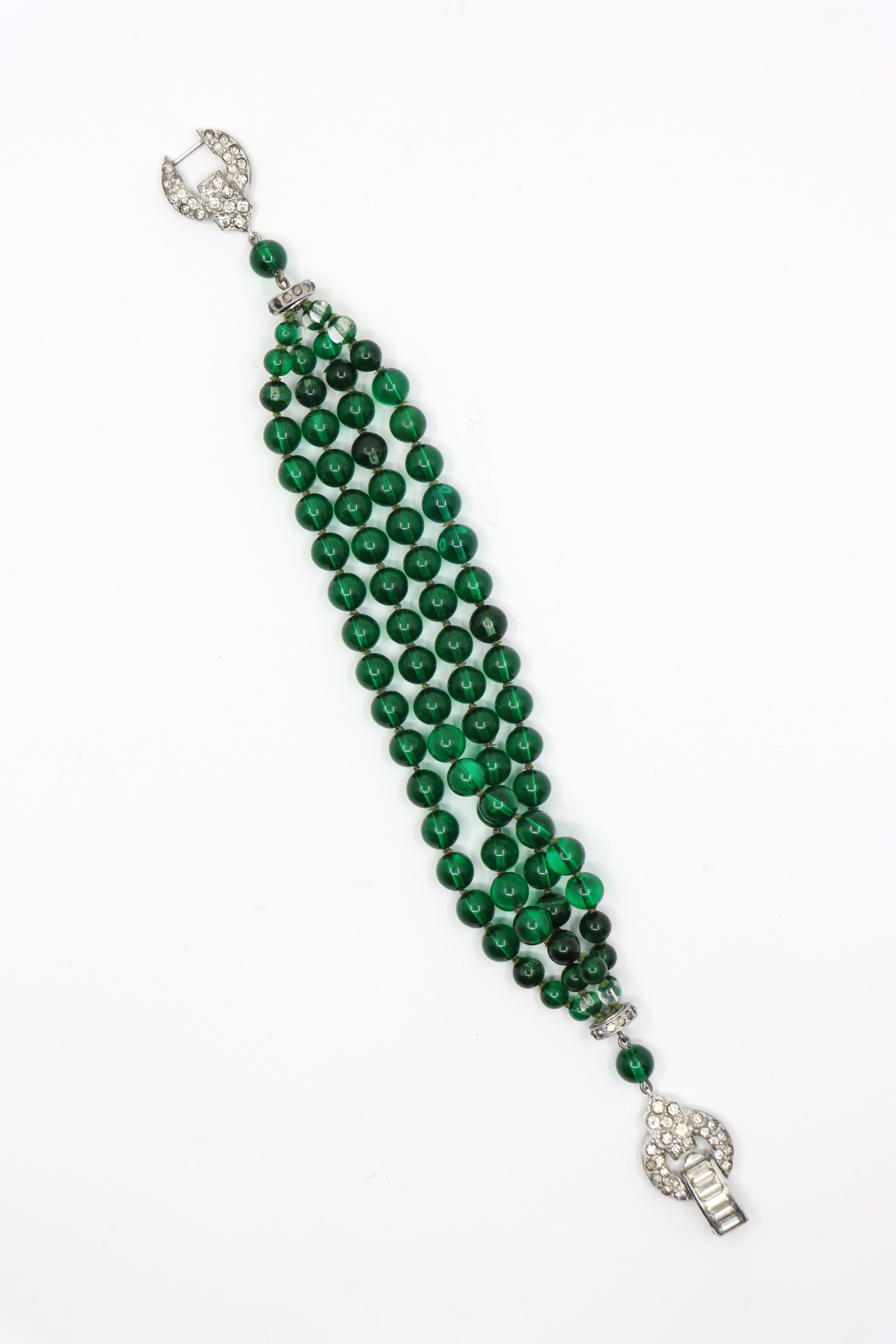 Art Deco Silver Tone Rhinestone Muti-Stand Green Beads Bracelet For Sale 1