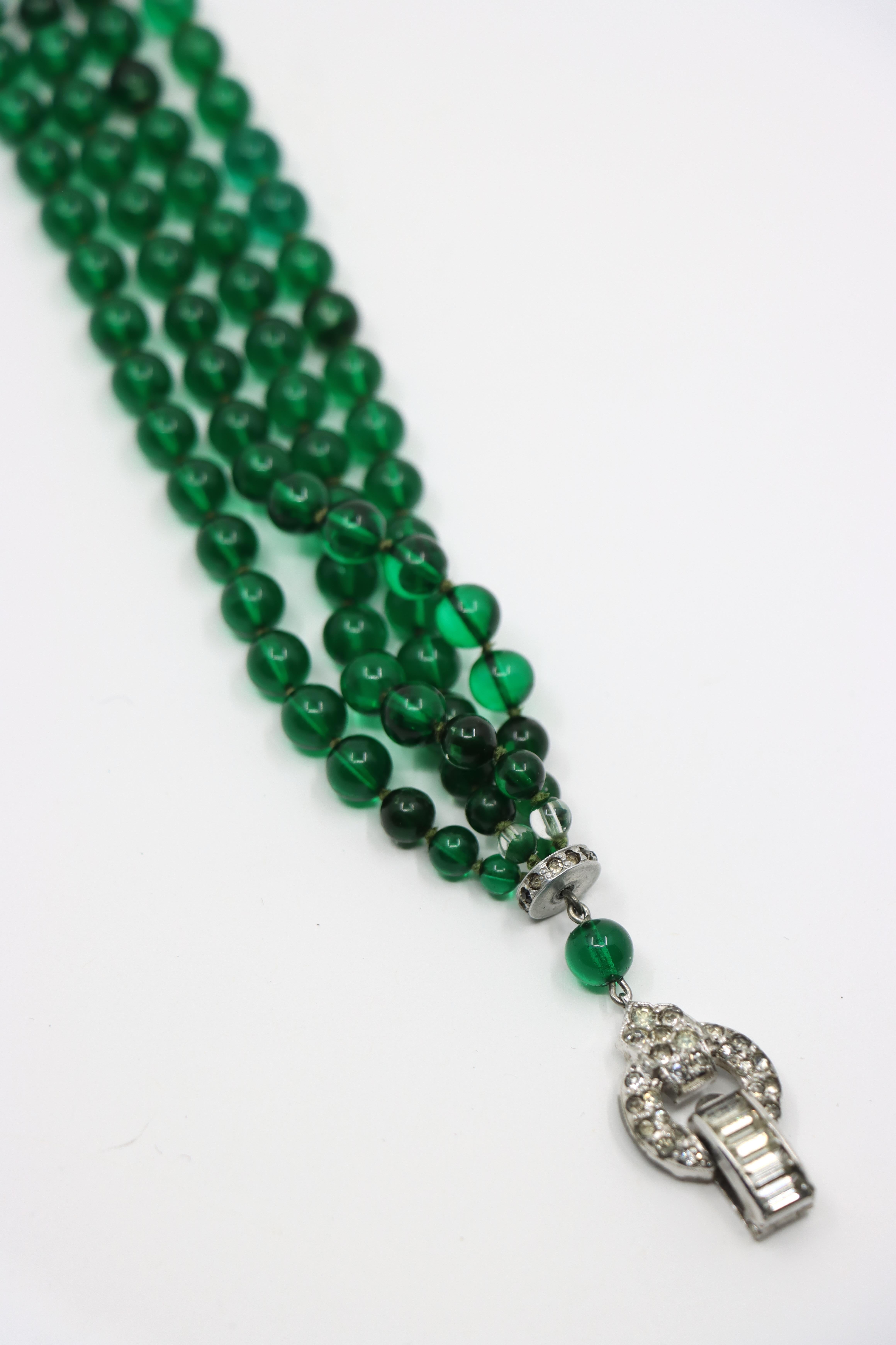 Art Deco Silver Tone Rhinestone Muti-Stand Green Beads Bracelet For Sale 2