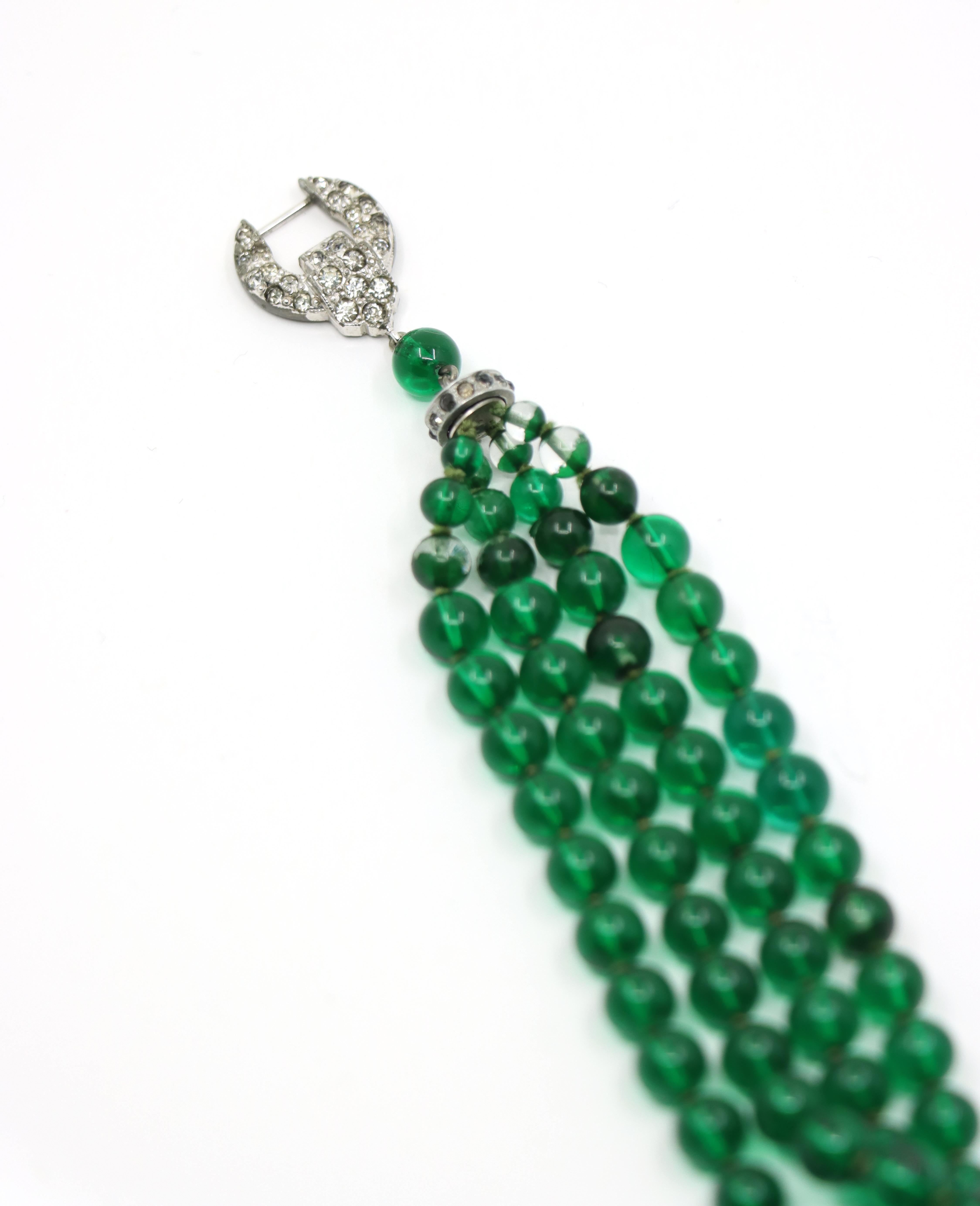 Art Deco Silver Tone Rhinestone Muti-Stand Green Beads Bracelet For Sale 4