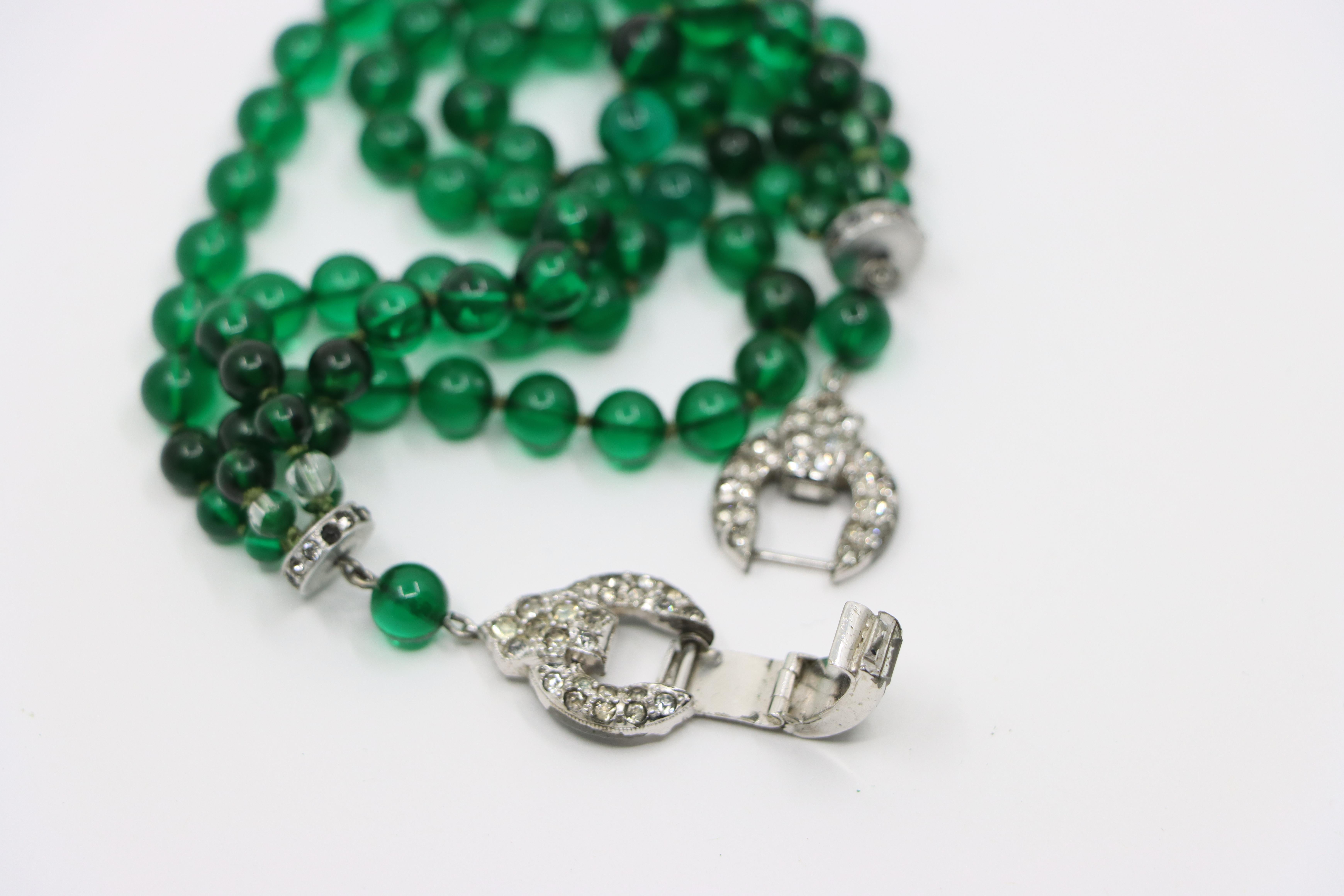 Art Deco Silver Tone Rhinestone Muti-Stand Green Beads Bracelet For Sale 5
