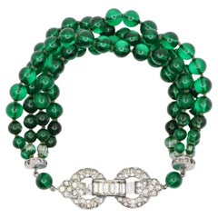 Art Deco Silber Ton Strass Muti-Stand Grüne Perlen Armband