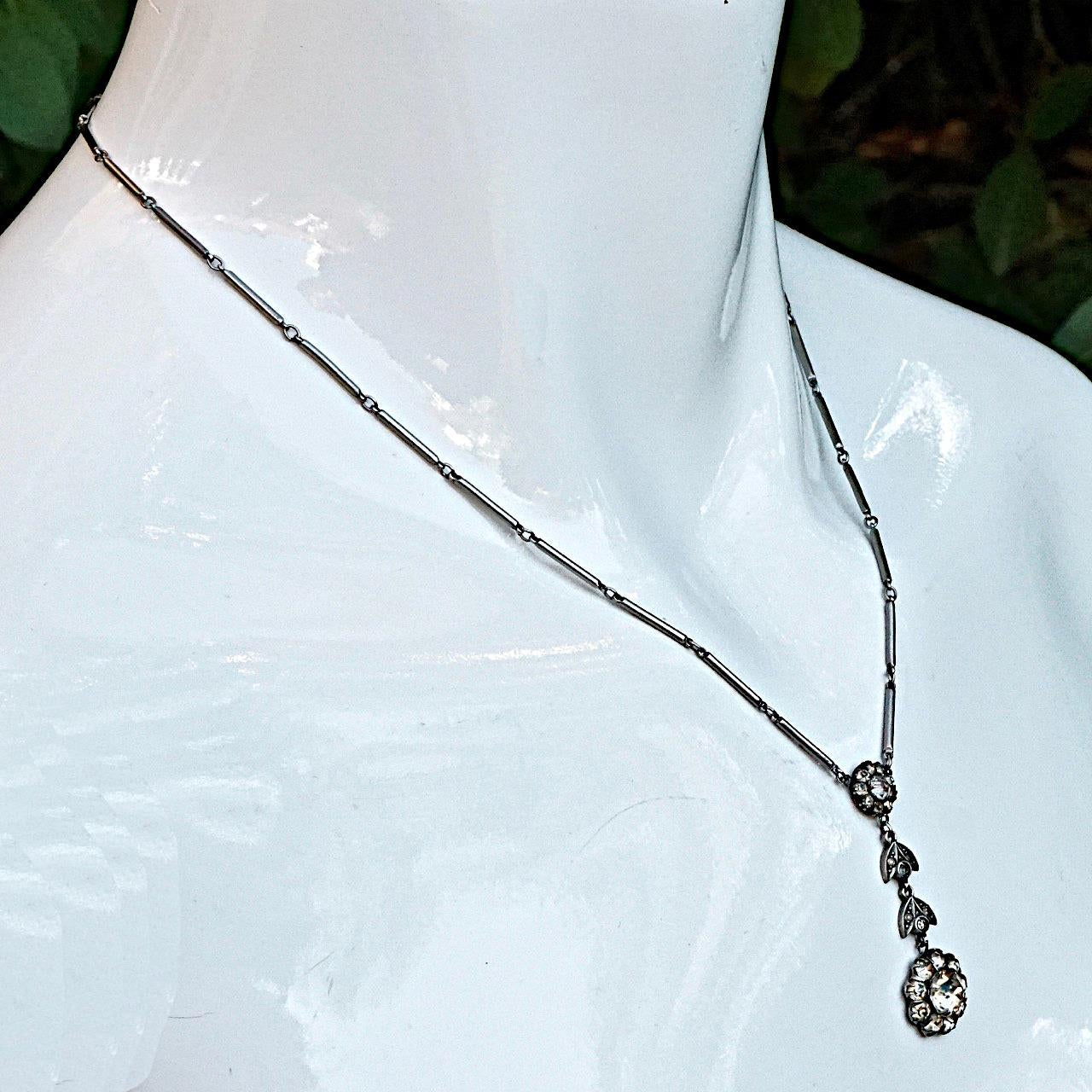 Art Deco Silver Tone Rod Design Necklace and Paste Drop Pendant For Sale 1