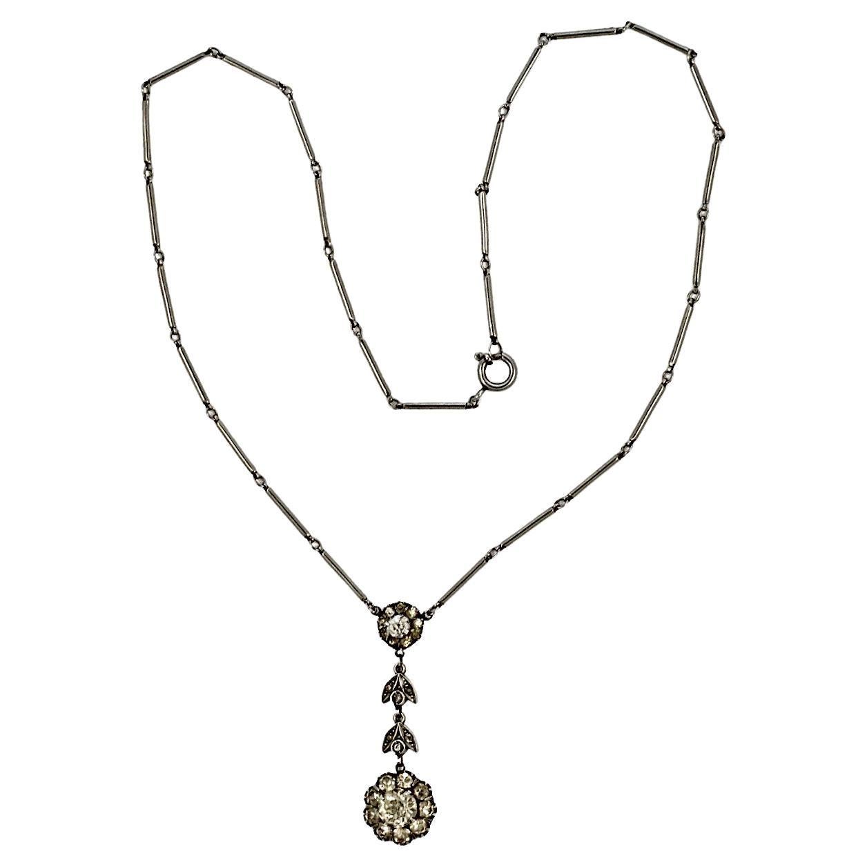 Art Deco Silver Tone Rod Design Necklace and Paste Drop Pendant For Sale